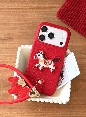 新年红色荔枝纹适用OPPOFindX8Pro手机壳findx7ultra刺绣小马情侣款X8S+半包Reno14挂绳防摔X200Promini硬壳