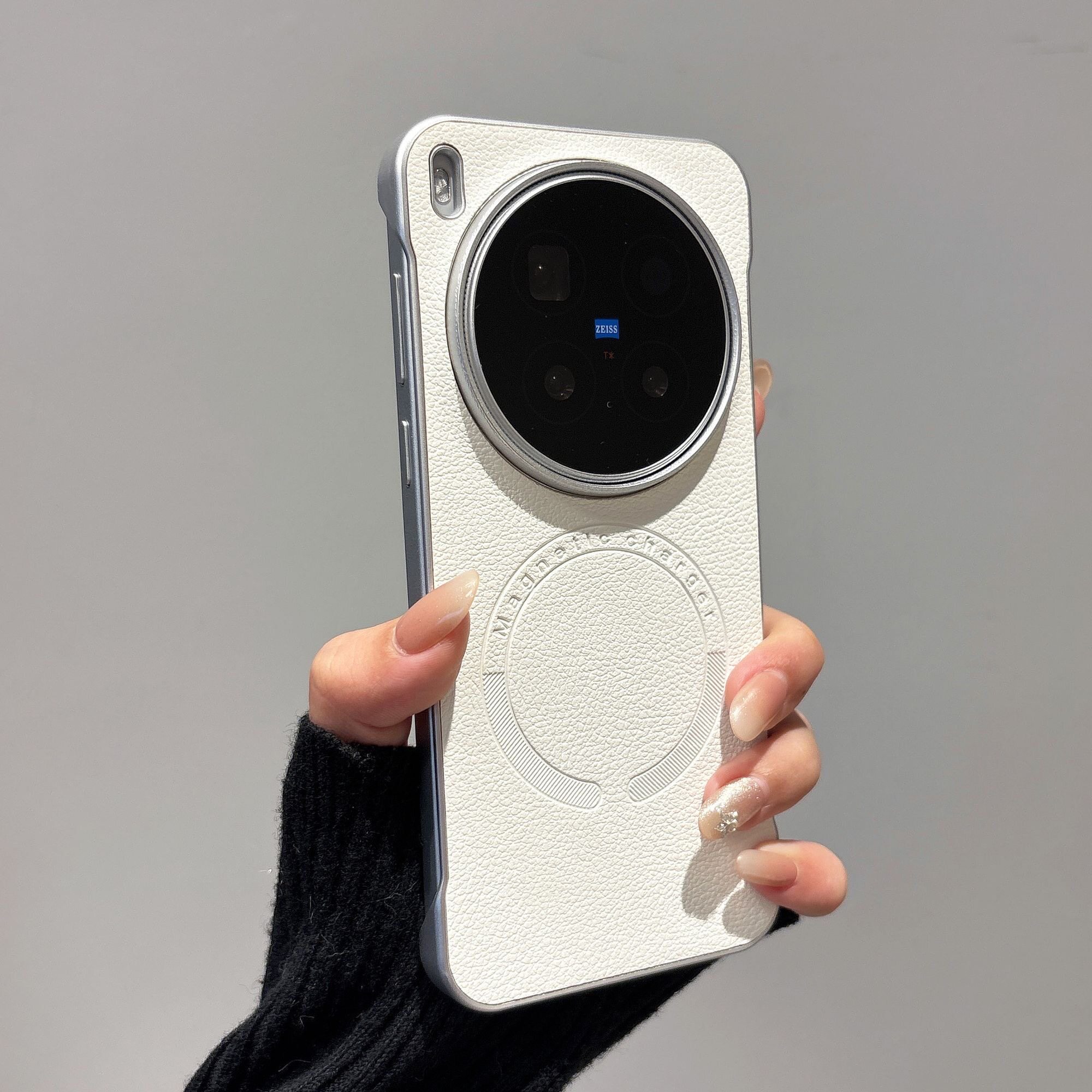 月光白色无边框荔枝纹适用vivoX300Pro手机壳x300裸机感防指纹oppofindx9pro轻薄磁吸新款X8情侣硬壳大孔镜头