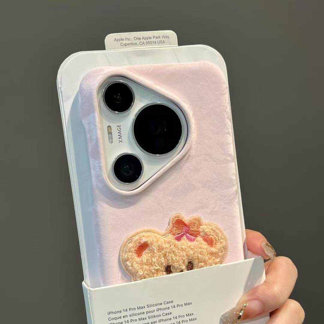 秋冬浅粉色丝绒雪山纹适用华为Pura70手机壳Pura70Pro+可爱毛绒蝴蝶结小熊p80ultra半包保护套防摔男女款复古