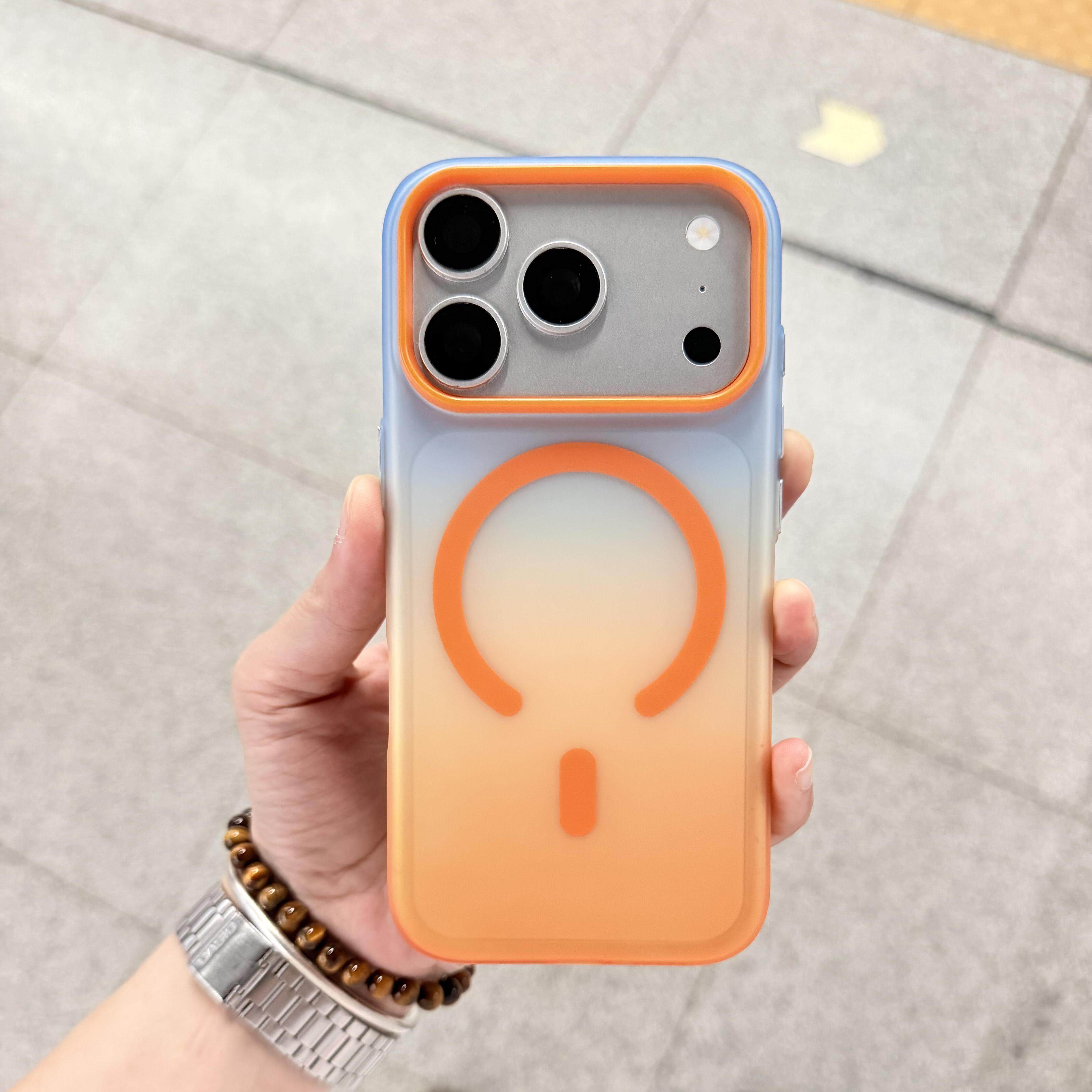 新款炫彩渐变橘子海适用苹果17Promax手机壳iPhone18pro独立按键16pm全包橙色Magsafe磁吸充电15大孔超薄硬壳
