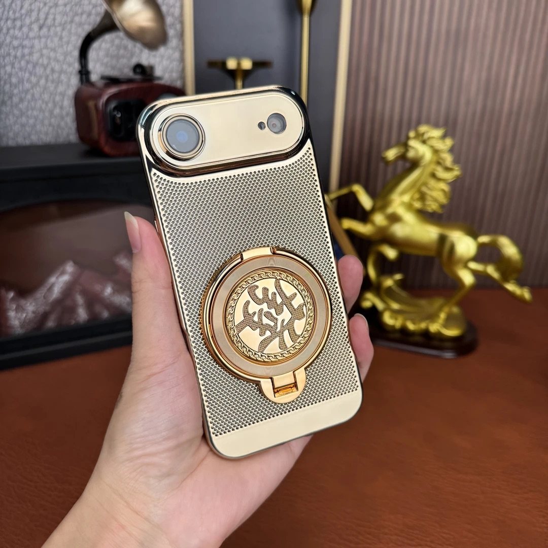 电镀金色亮面网孔散热适用苹果Air手机壳iPhone17promax镜头膜+發字支架16Pro薄款15/14plus蜂窝13镂空12硬11