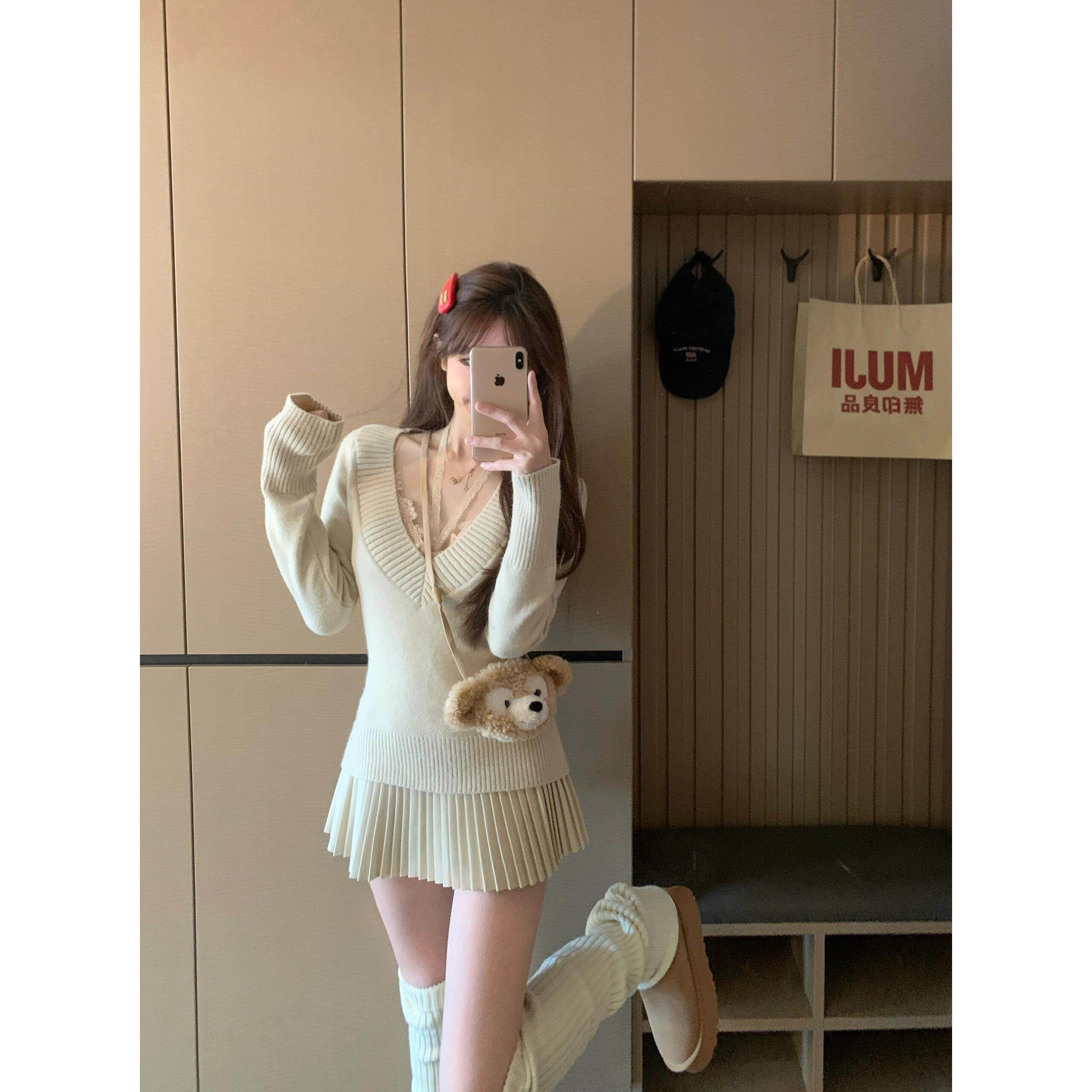 秋冬新款辣妹气质V领修身针织毛衣蕾丝吊带背心高腰半身裙两件套,女装/女士精品,时尚套装,淘宝优惠券,粉丝福利购,淘宝优惠卷