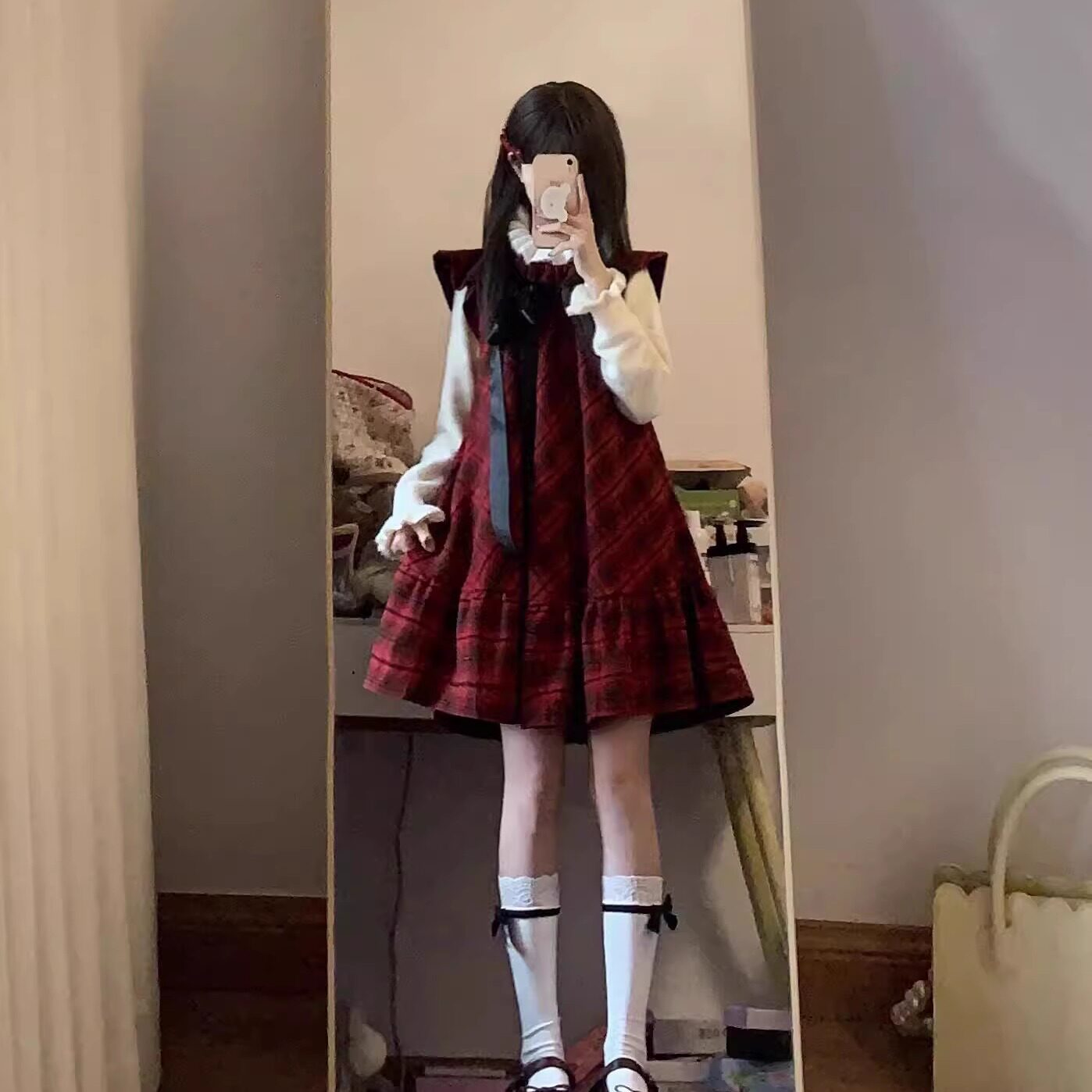 新年战袍法式甜美红色格纹背心连衣裙女春秋圆领超仙女小个子套装