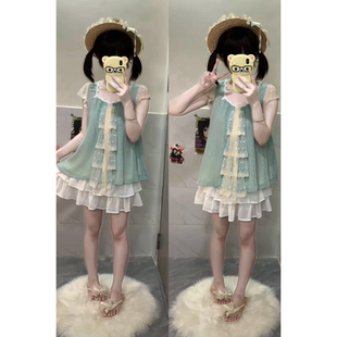 日系小众设计感日常奈奈风甜辣妹显瘦短裙套装 薄荷糖甜美小飞袖 女