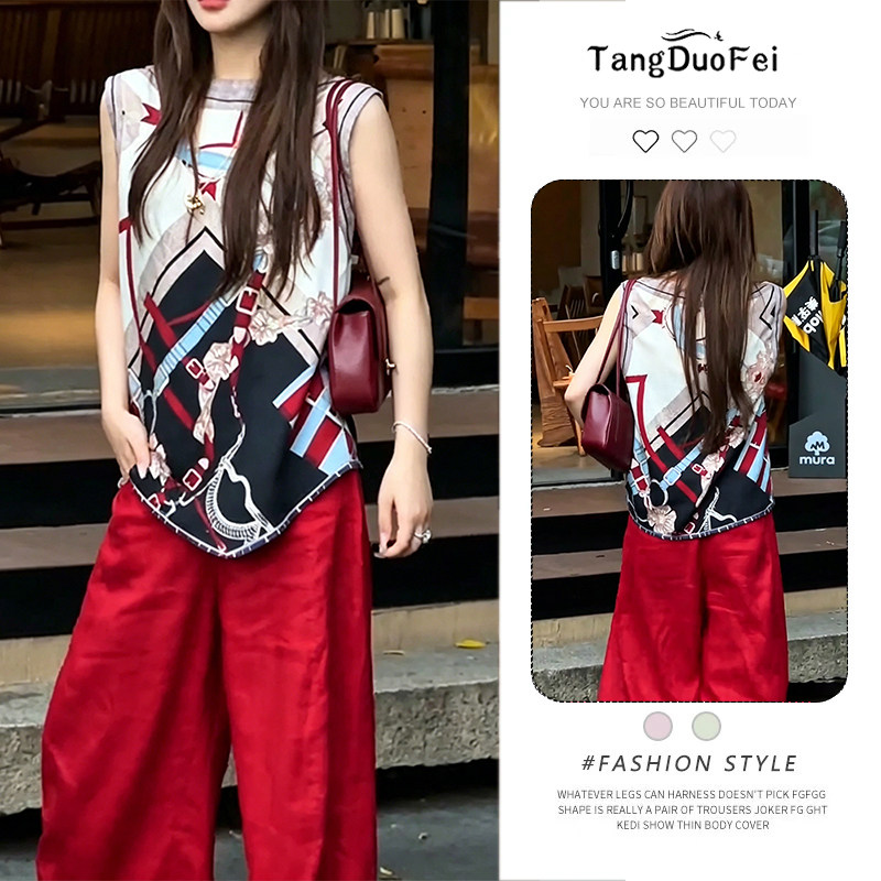 欧货超火绝美无袖上衣丝巾印花显瘦遮肉夏季女2026夏季时尚女T恤