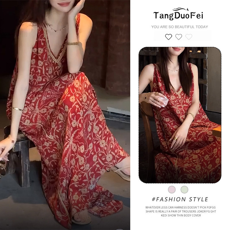 度假风海边穿搭红色印花a字宽松连衣裙子女装夏季2026新款连身裙