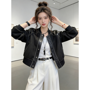 今年流行拼接皮衣夹克女春季2026年新款美式复古宽松短款女士外套