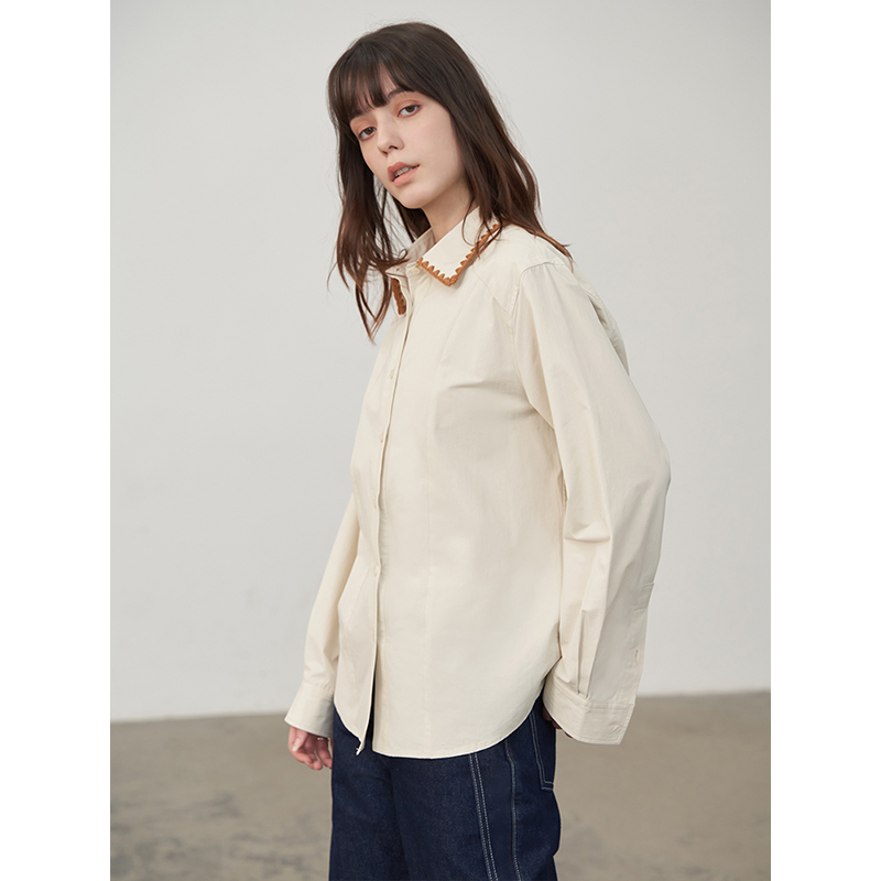 FI长袖纯色衬衫2024新款薄款显高显瘦夏季设计感宽松全棉女衬衣