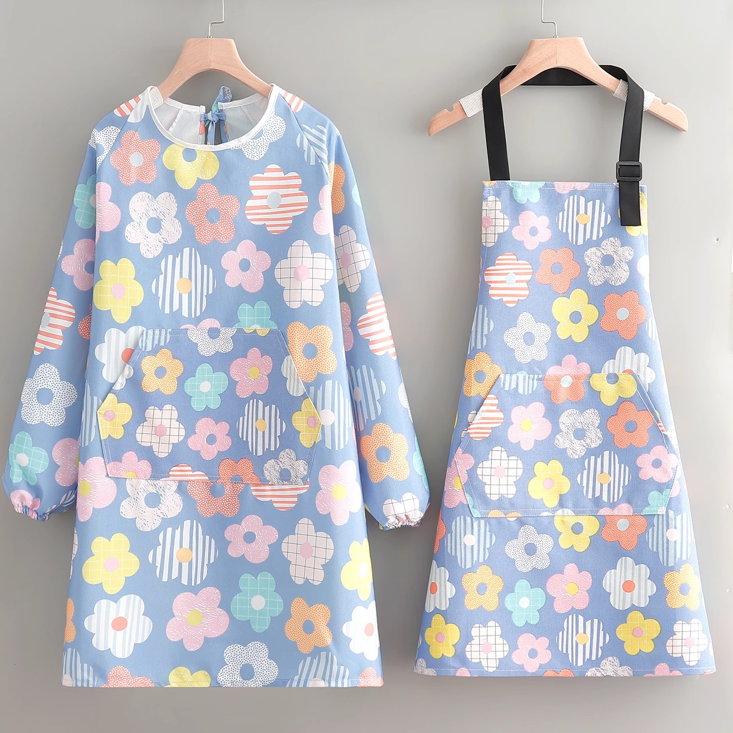 长袖做饭围腰防污透气家用厨房围裙上班工作服女洋气新款罩衣印字