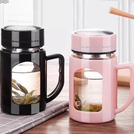 水杯女家用办公室玻璃杯茶水分离泡茶杯防摔带盖把手个人