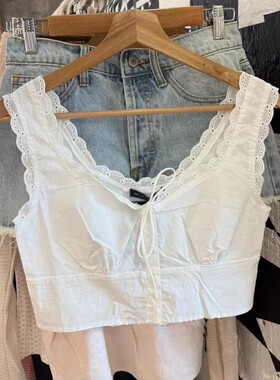 Brandy bm新蕾丝花边系带白色背心BM短款露腰吊带上衣Tianna tank