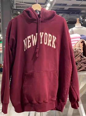 Brandy BM美式NEW YORK字母纽约刺绣宽松连帽卫衣女bm袋鼠兜外套