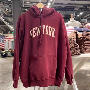 YORK字母纽约刺绣宽松连帽卫衣女bm袋鼠兜外套 NEW Brandy BM美式