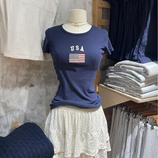 Brandy bm美式休闲USA美国国旗刺绣圆领正肩短袖BM百搭T恤上衣女