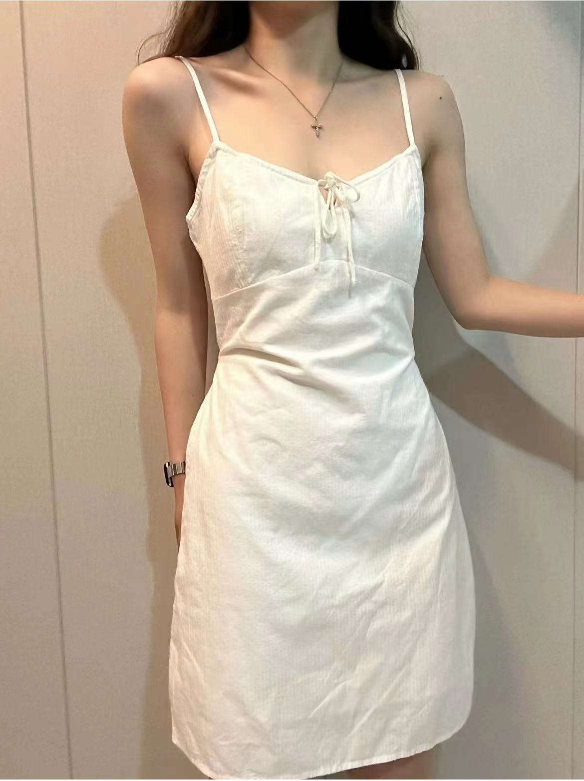 bm美式白色吊带连衣裙纯棉系带
