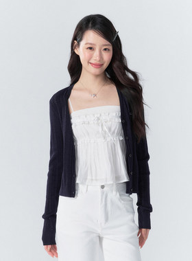 BUBBLELEY 韩系深蓝学院风开衫镂空刺绣修身毛衣百搭针织衫外套女