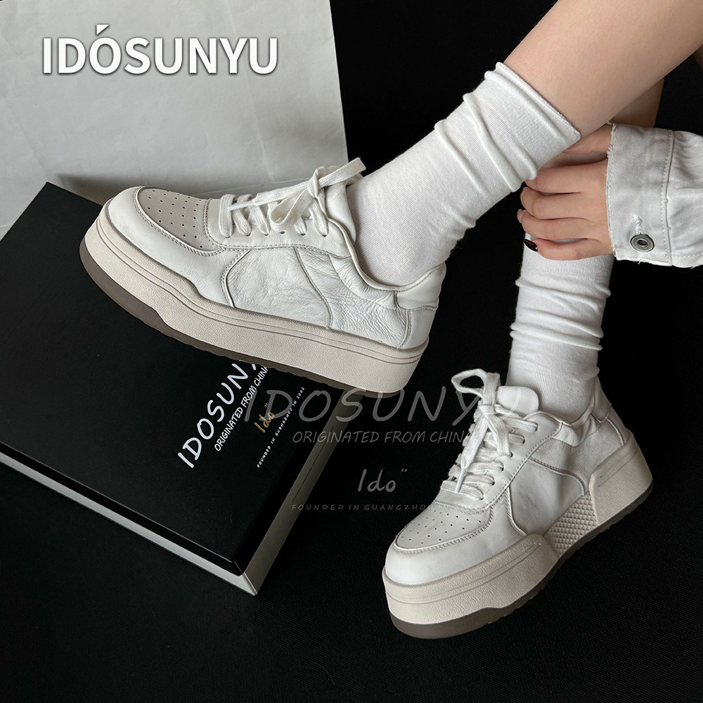 早秋真皮6CM厚底增高小白鞋女