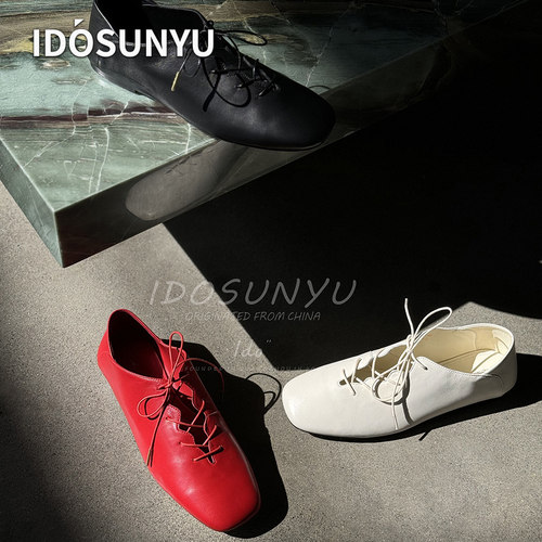 IDOSUNYU欧货2026春季新款复古方头平底牛津鞋系带小皮鞋休闲单鞋
