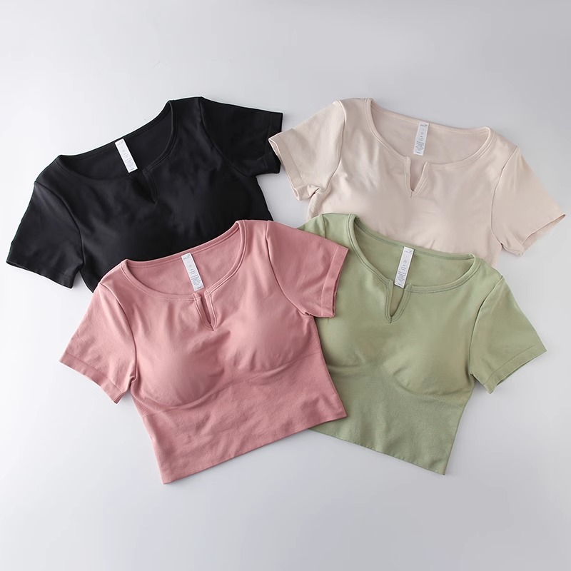 夏季瑜伽服运动短袖女上衣防震速干跑步修身短款健身普拉提训练服