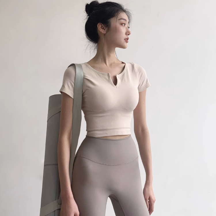 带胸垫瑜伽服短袖运动上衣女夏季紧身防震健身服修身显瘦短款T恤