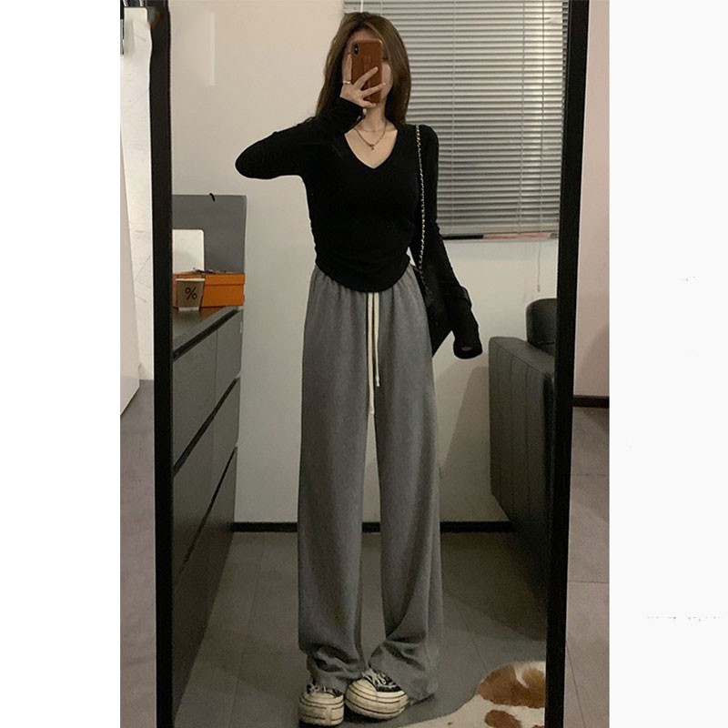 纯色正肩V领长袖t恤女秋季修身显瘦收腰褶皱短款打底衫百搭上衣潮