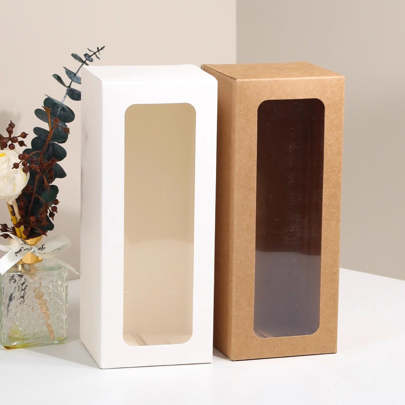 PVC开窗纸盒8x8x20cm长方形纸盒情人节鲜花包装盒酒杯礼物盒手办