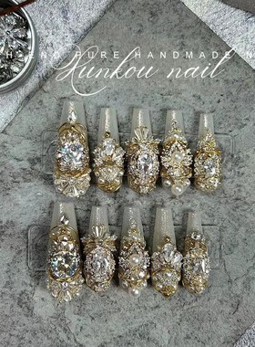 上新纯手工穿戴甲 奢华古希腊神话爆闪钻复古宫廷风可拆卸浅灰色