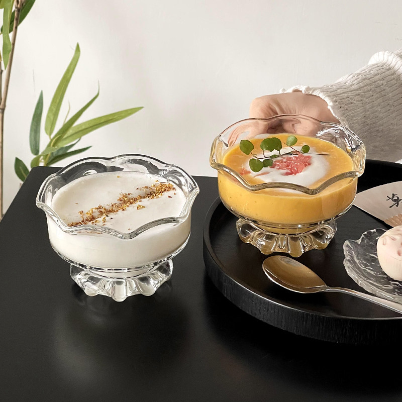 中式花边高脚甜品碗水晶玻璃水果碗高颜值糖水碗燕窝酸奶冰淇淋碗