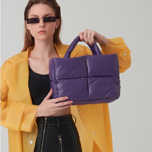 柚家2023欧美四方格羽绒手提包填充棉服女包简约小方格单肩斜挎包