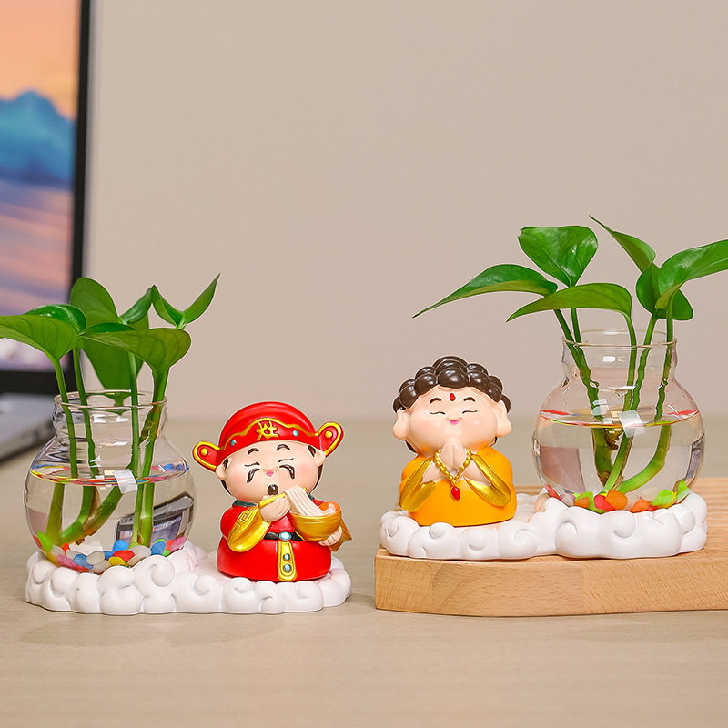 水培植物发财小摆件福气神仙树脂工艺品办公室工位绿萝养殖花瓶器