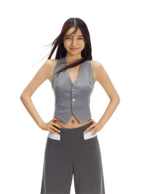 KiwiJadeite 明星同款腰部截断式镂空撞色宽松长裤