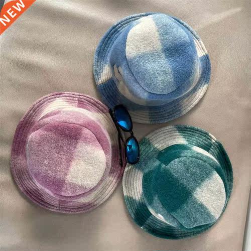 Women Woolen Bucket Hats Plaid Embroidery Logo Warm Autumn W