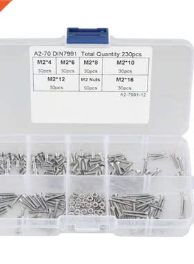 230pcs M2 Screws Nuts Set 304 Flat Head Bolt Screws Nuts Ass