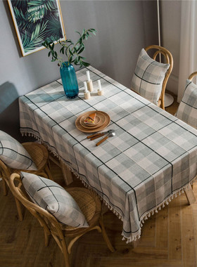 Gray Plaid Embroidered Tassel Cotton Linen Tablecloth Party