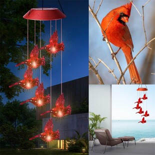Solar Cardinal Red Bird Wind Chime LED Lights Spinners