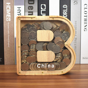 26 Letter Piggy Bank Wooden Coin Money Saving Box Jar Coins