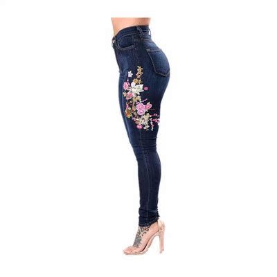Stch Embroidered Jeans Y2k Women Elastic Flower Jeans Female