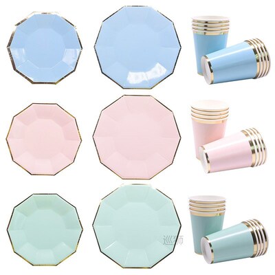 24pcs/set Green Pink Blue Paper Plates Cups Disposable Table