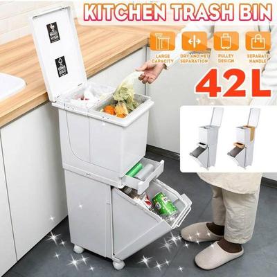 42L 2 Layer Wet Dry Sorted Kitchen Trash Can Moveble Recycle
