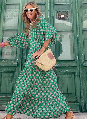 2022 Summer Boho Long Dress Women Floral Print Puff Sve L