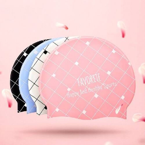 Ins Plaid Swimming Cap Silicone Swimcap Hats Lady Diving