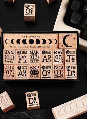 14Pcs Vintage Months Moon Phase Wooden Rubber Stamp 适用于 S