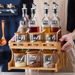 Bamboo rack glass oil sauce vinegar bottle pepper salt monos