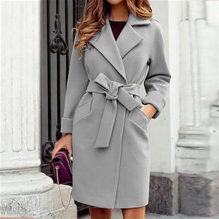 Traf Womens Coat Autumn And Winter Lapel Woolen Cloth Trenc