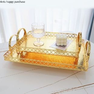 Metal Storage Tray Golden Rectangle Binaural Decorative