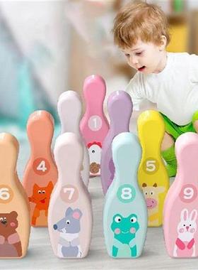 Colorful Wooden Bowling Balls Pins Set for Kids Toy 9