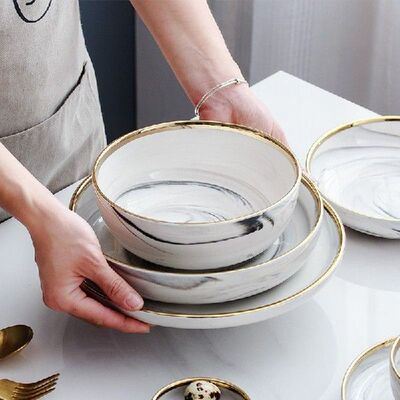 Nordic marbling ceramic gold plated solid color tableware