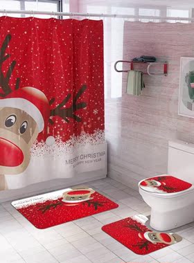 Christmas Bathroom Shower Curtain Set Printed Cartoon Bath S
