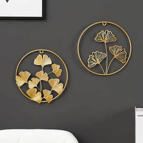 Metal Round Wall Sculpture Decoration Golden Ginkgo Leaf