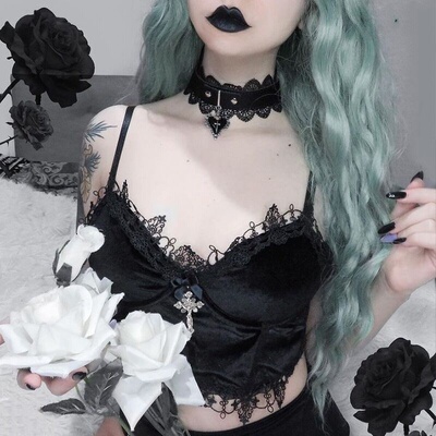 Velvet Y2K Mall Goth Crop Tops  Black Lace Trim Emo Alternat